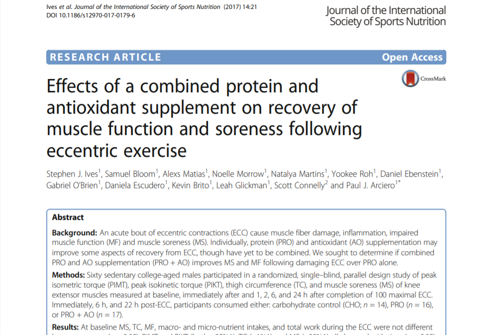Effects of a combined protein and antioxidant supplement on recovery of muscle function and soreness following eccentric exercise